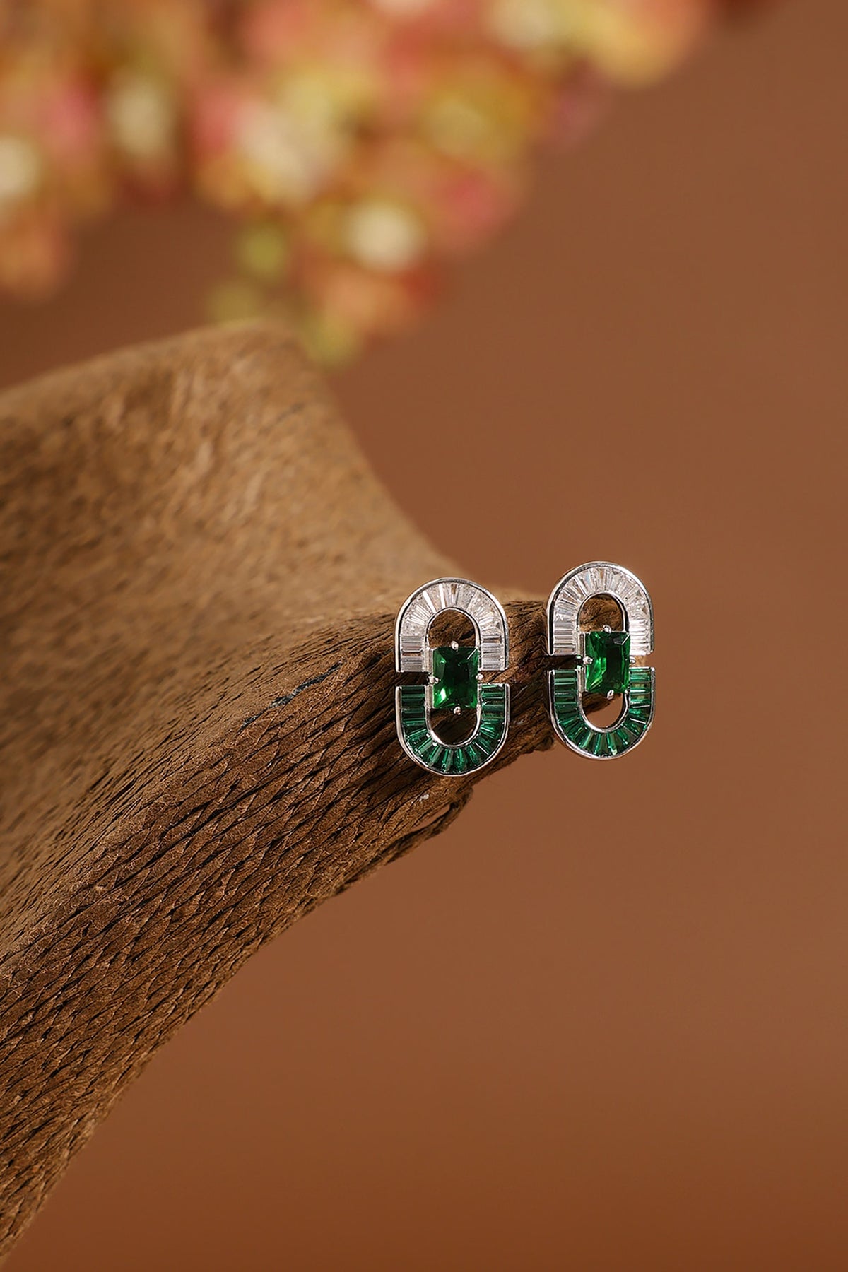 White Gold Finish Swarovski & Emerald Stud Earrings In Sterling Silver
