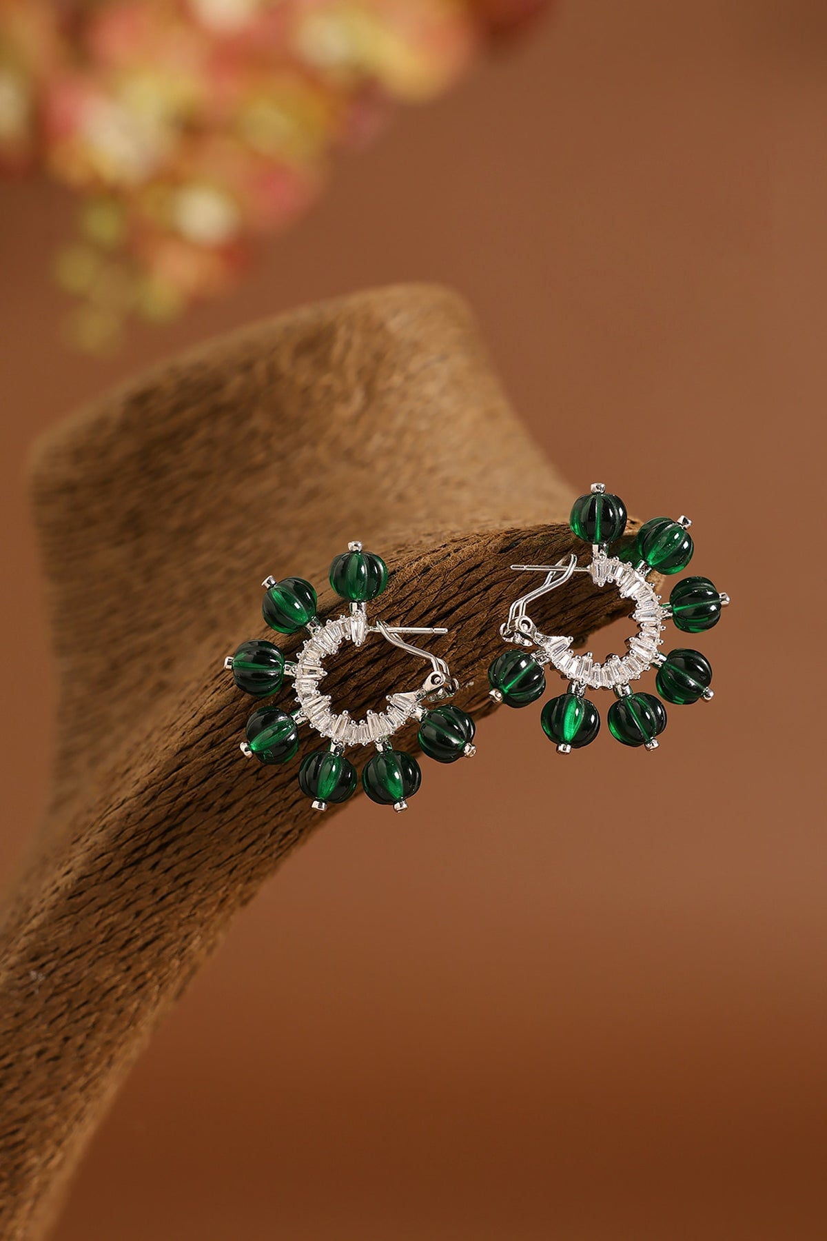 White Gold Finish Swarovski & Emerald Stud Earrings In Sterling Silver