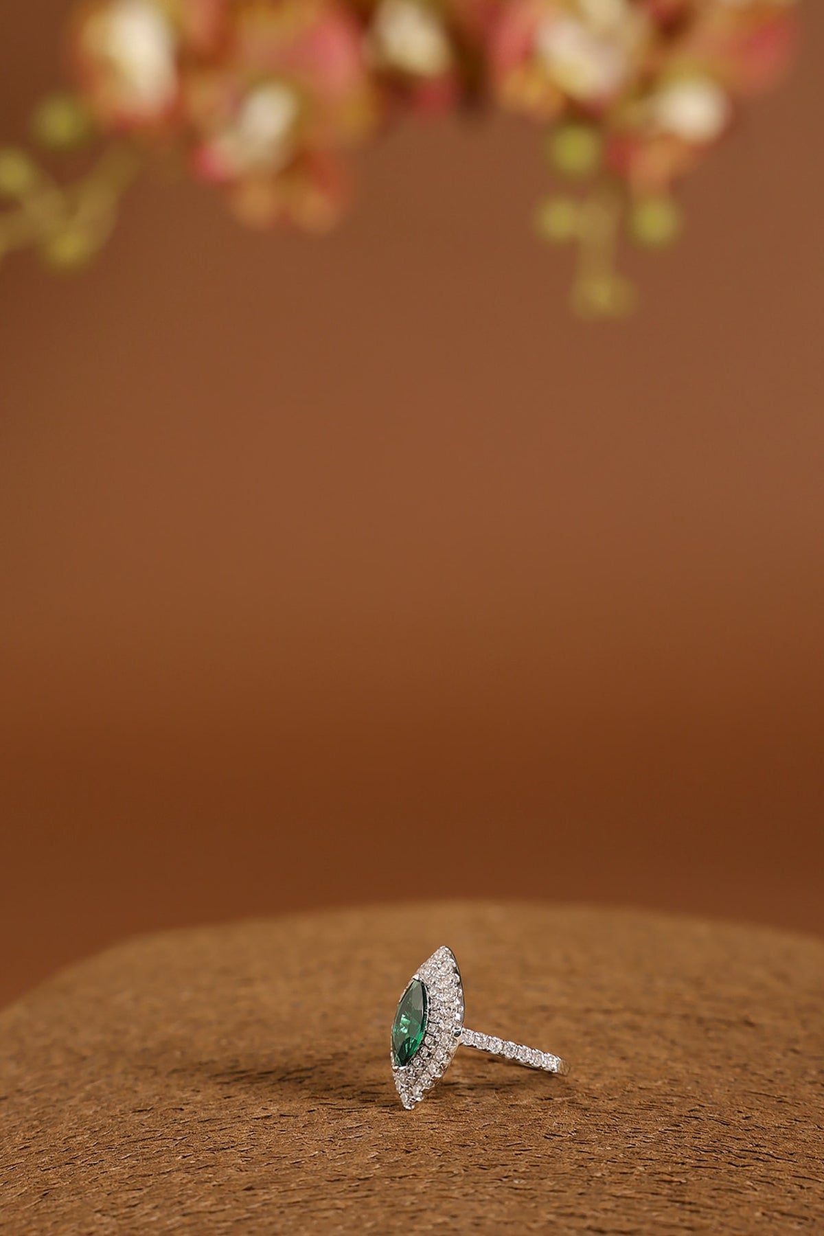 White Gold Finish Swarovski & Blue Sapphire Ring In Sterling Silver