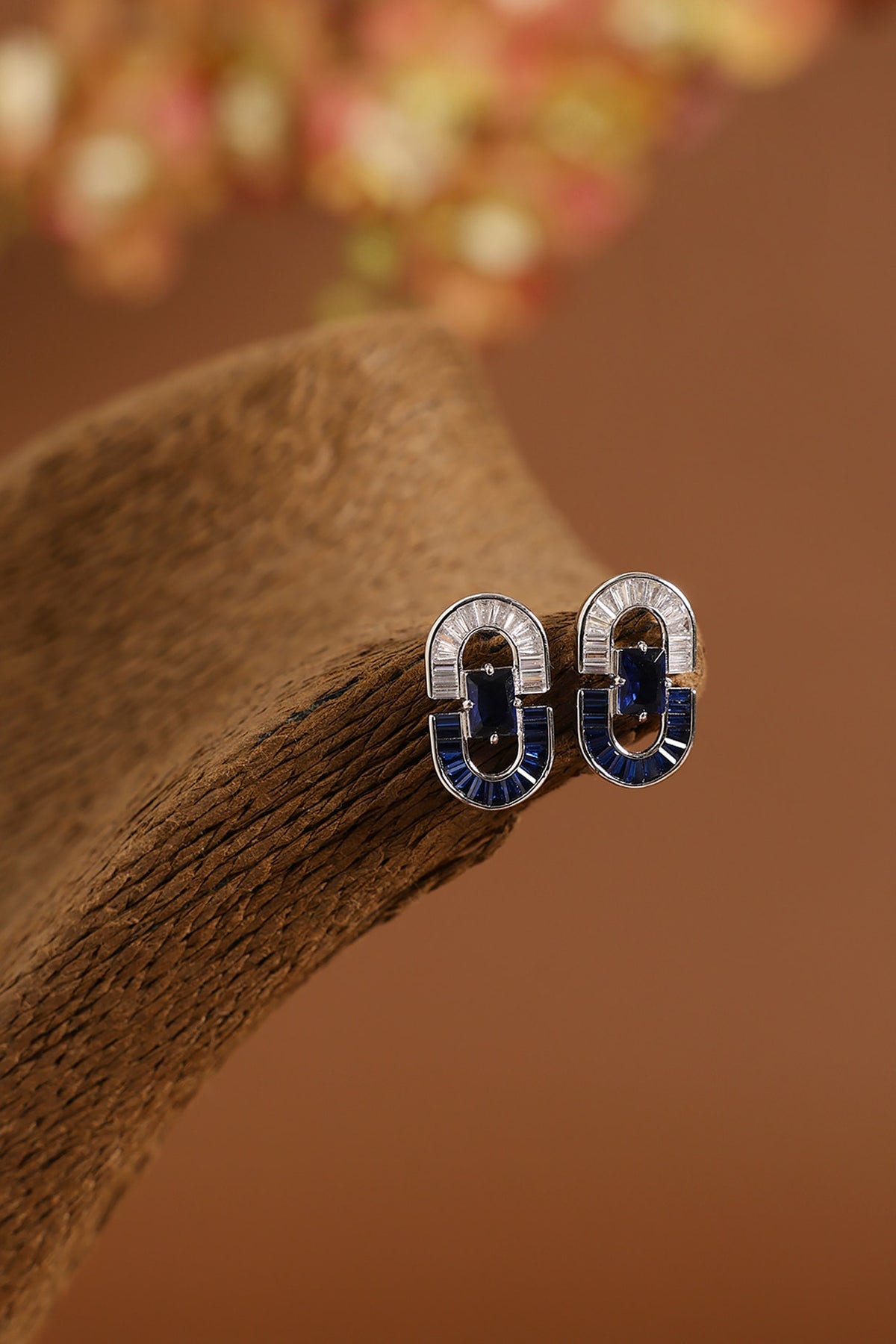 White Gold Finish Swarovski & Sapphire Stud Earrings In Sterling Silver