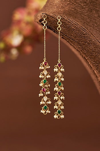 Yellow Gold Finish Moissanite Polki & Freshwater Pearl Earchain In Sterling Silver