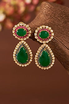 Yellow Gold Finish Moissanite Polki & Emerald Necklace Set In Sterling Silver