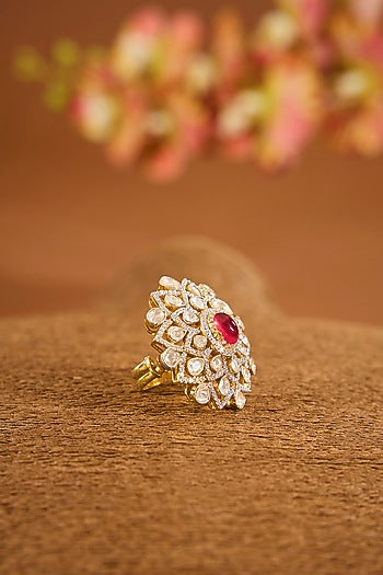Yellow Gold Finish Moissanite Polki & Ruby Stone Ring In Sterling Silver