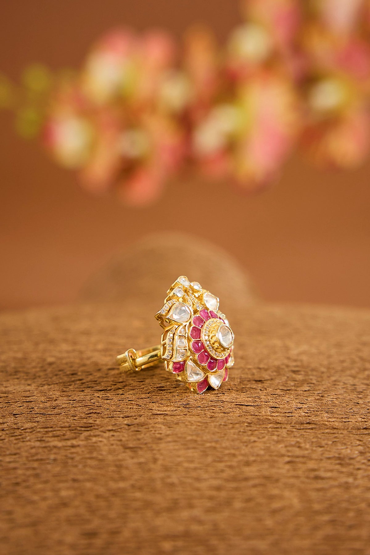 Yellow Gold Finish Moissanite Polki & Ruby Stone Ring In Sterling Silver