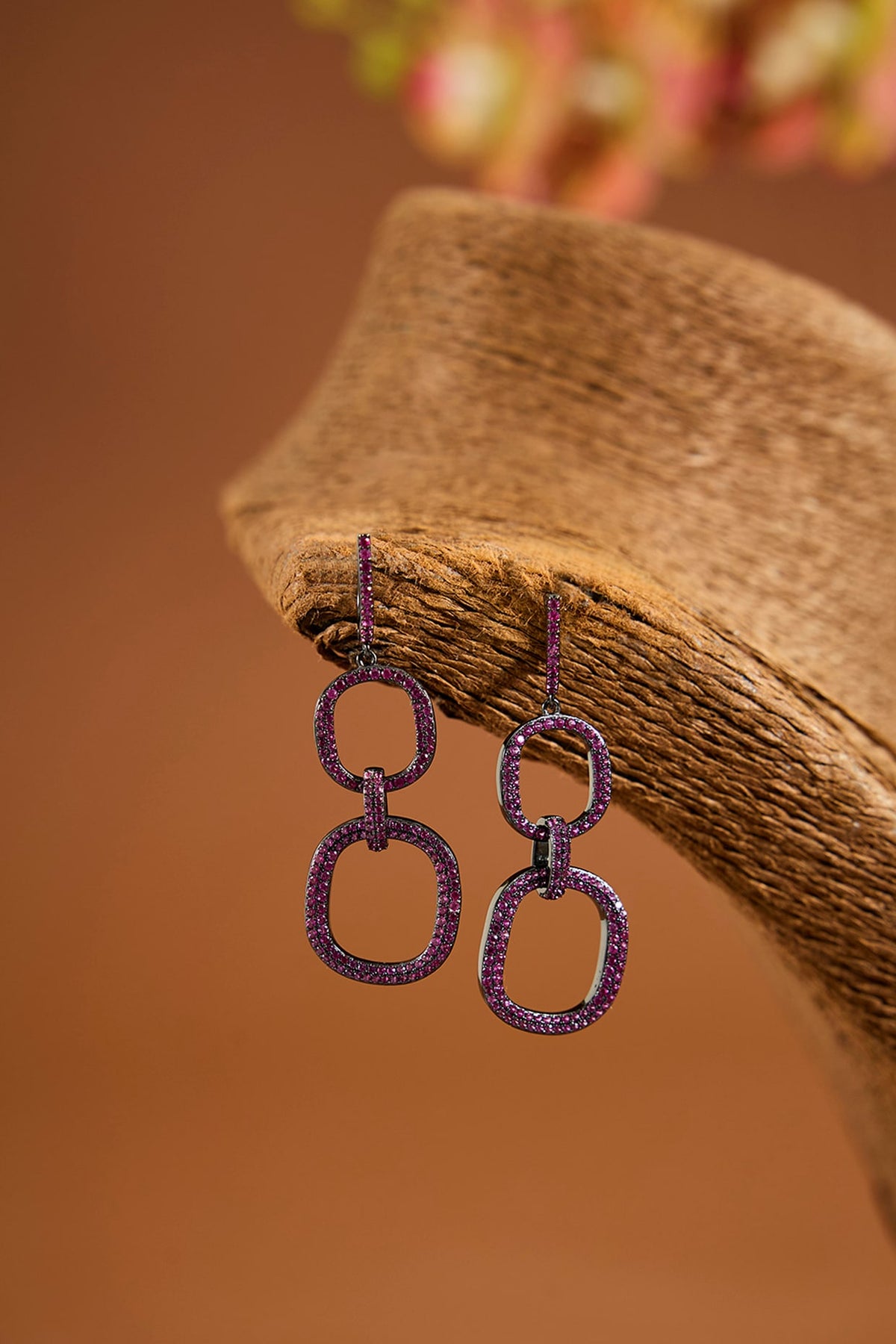 Black Rhodium Finish Ruby Stone Dangler Earrings In Sterling Silver