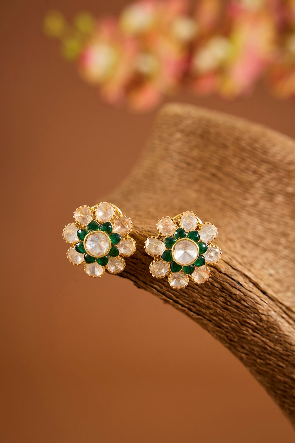 Yellow Gold Finish Moissanite Polki & Emerald Stone Stud Earrings In Sterling Silver