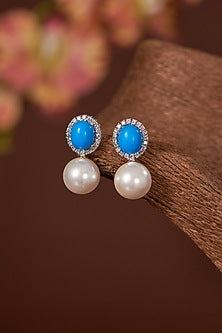 White Finish Pearl & Turquoise Stone Dangler Earrings In Sterling Silver