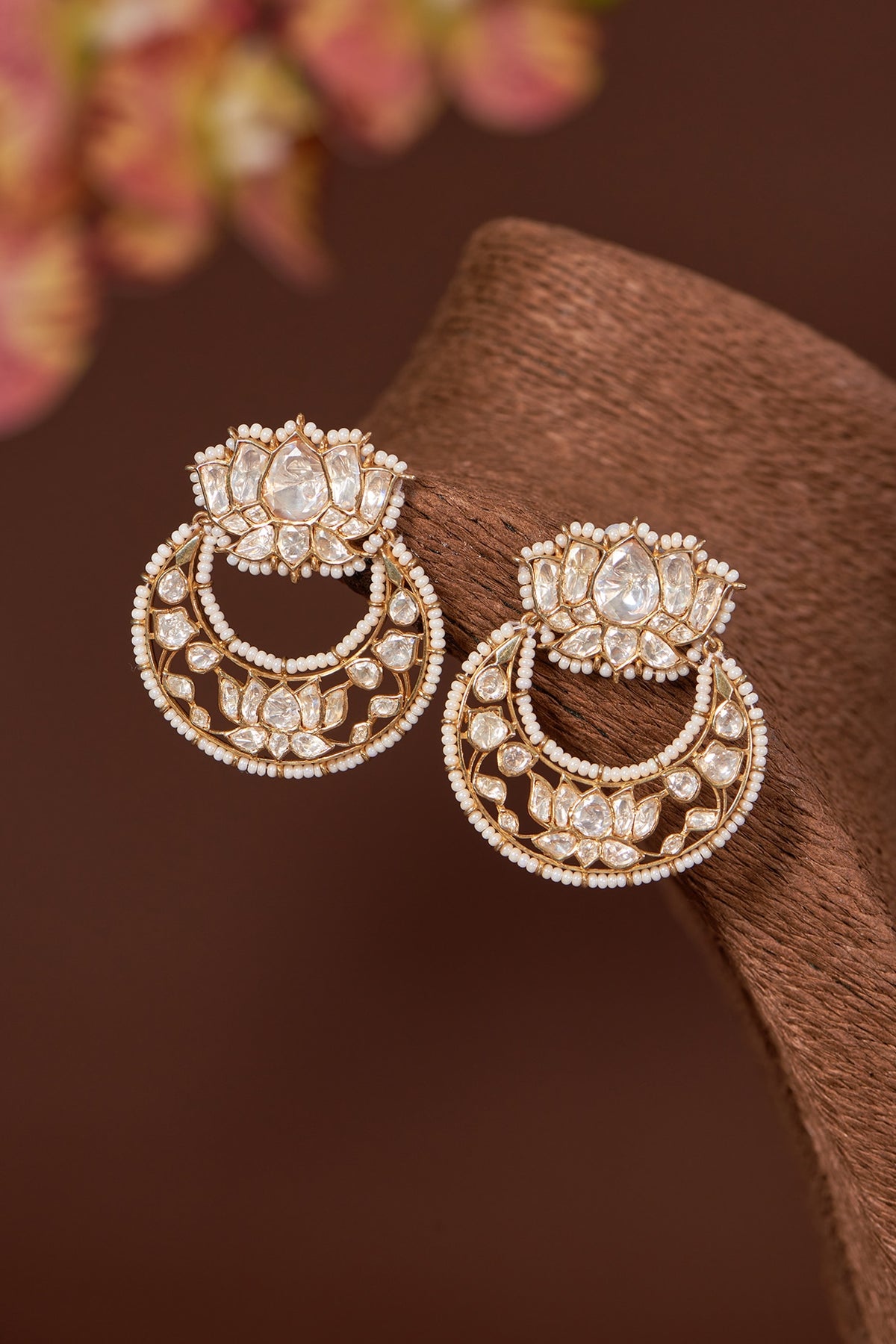 Gold Finish Moissanite Polki & Pearl Chandbali Earrings In Sterling Silver