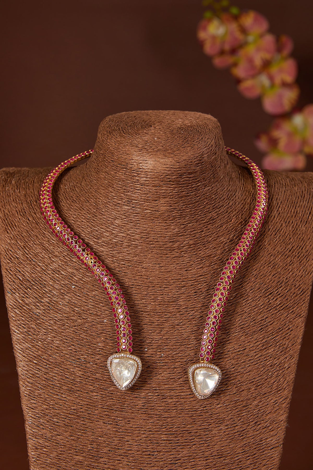 Black Rhodium Finish Moissanite Polki & Synthetic Ruby Necklace In Sterling Silver