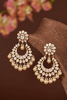 Gold Finish Moissanite Polki & Freshwater Pearl Chandbaali Earrings In Sterling Silver