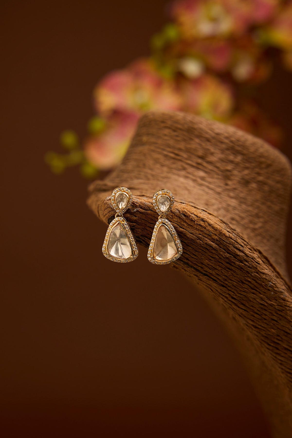 Gold Finish Eurostar Swarovski Zircon & Moissanite Polki Dangler Earrings In Sterling Silver