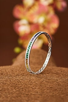 White Gold Finish Eurostar Zircon & Multi-Colored Sapphire Stone Bangle In Sterling Silver