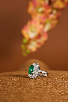 White Gold Finish Zircon & Emerald Stone Ring In Sterling Silver