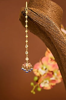 Yellow Gold Finish Moissanite Polki Pink Enameled Maangtikka In Sterling Silver