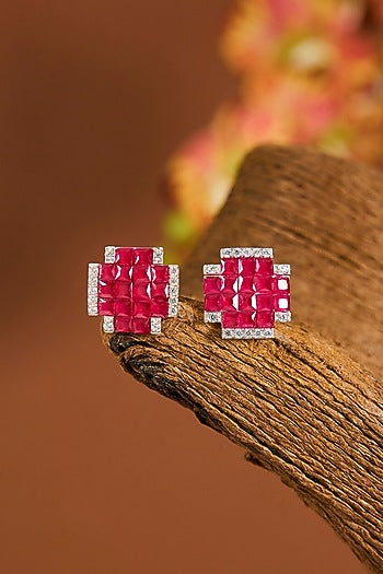 White Gold Finish Zircon & Ruby Stone Stud Earrings In Sterling Silver