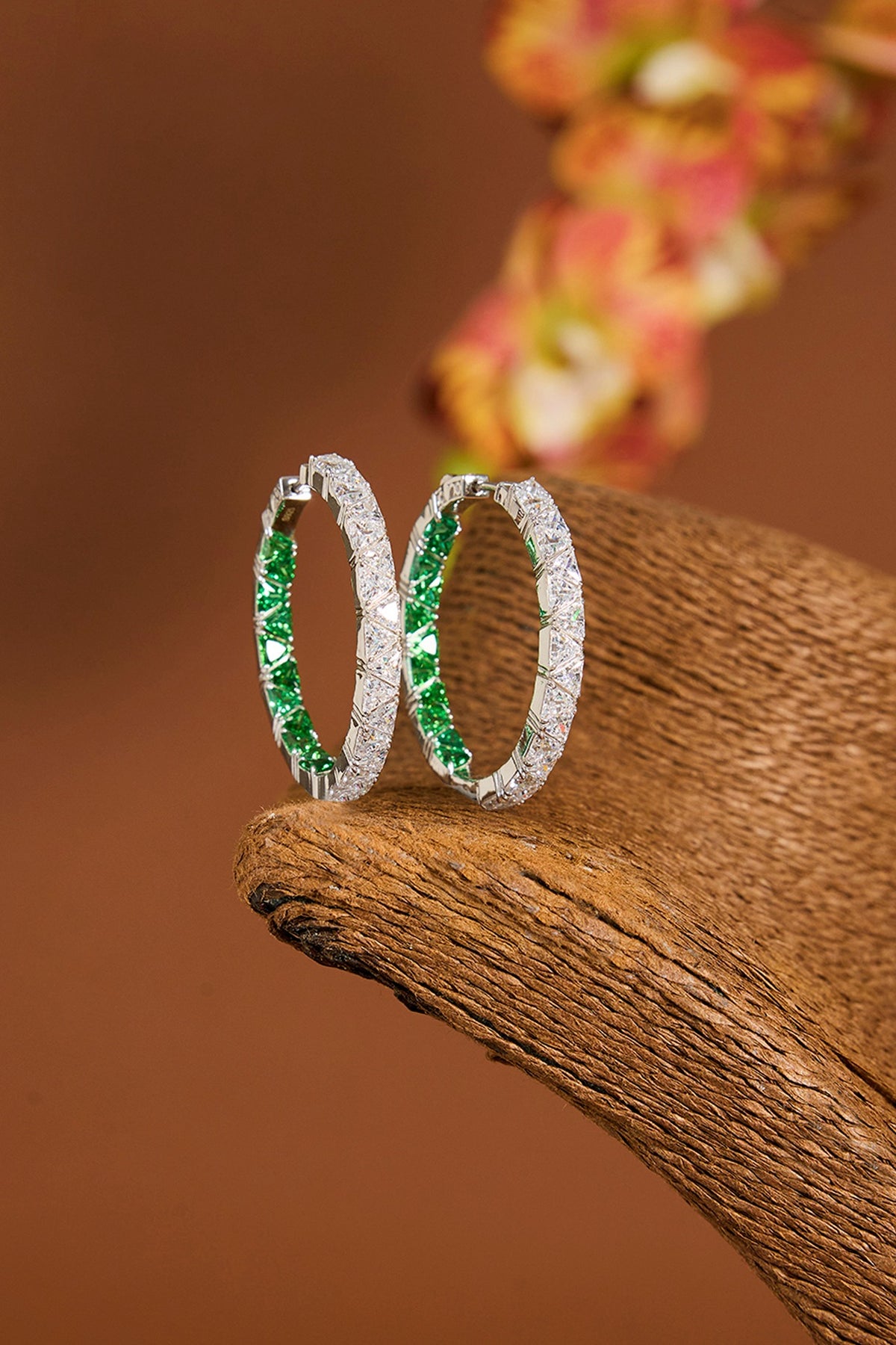 White Gold Finish Zircon & Emerald Stone Hoop Earrings In Sterling Silver