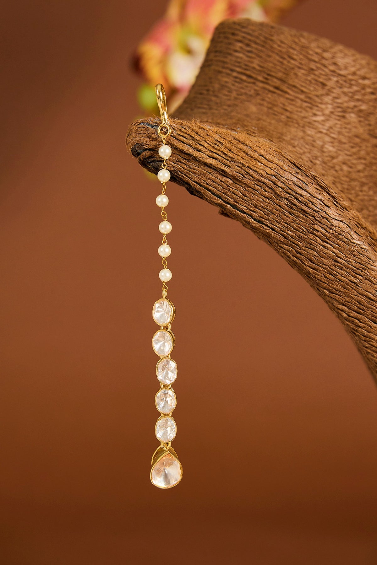 Yellow Gold Finish Moissanite Polki & Shell Pearl Maangtikka In Sterling Silver