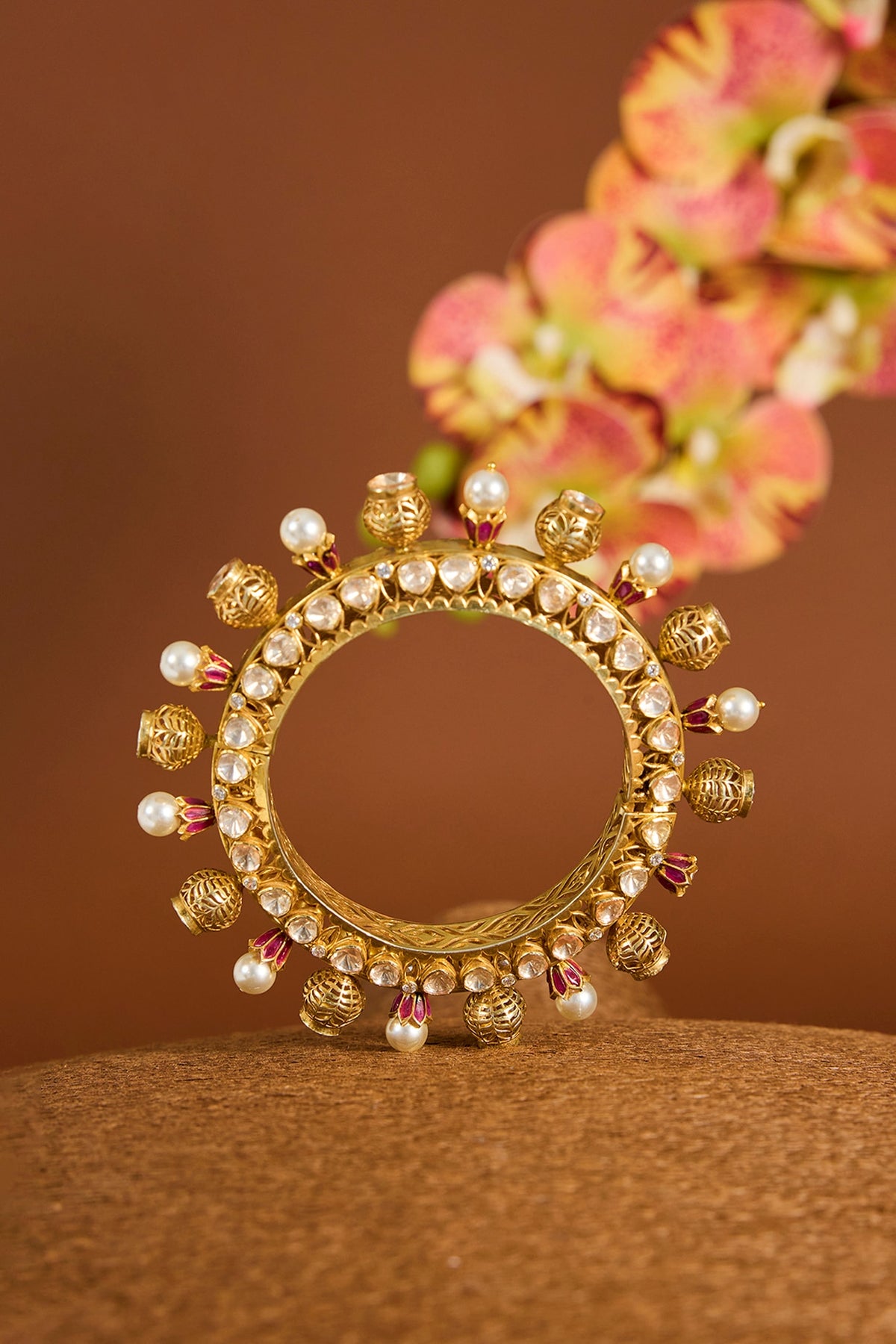 Yellow Gold Finish Moissanite Polki & Swarovski Zircon Bangle In Sterling Silver