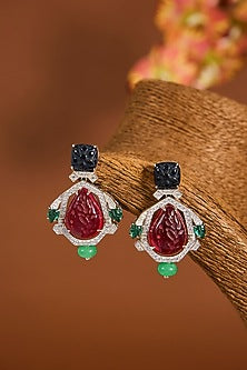 White Gold Finish Zircon & Multi-Colored Stone Long Necklace Set In Sterling Silver