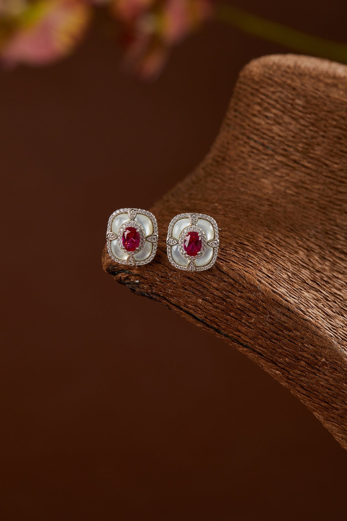 White Finish Zircon & Synthetic Ruby Stud Earrings In Sterling Silver