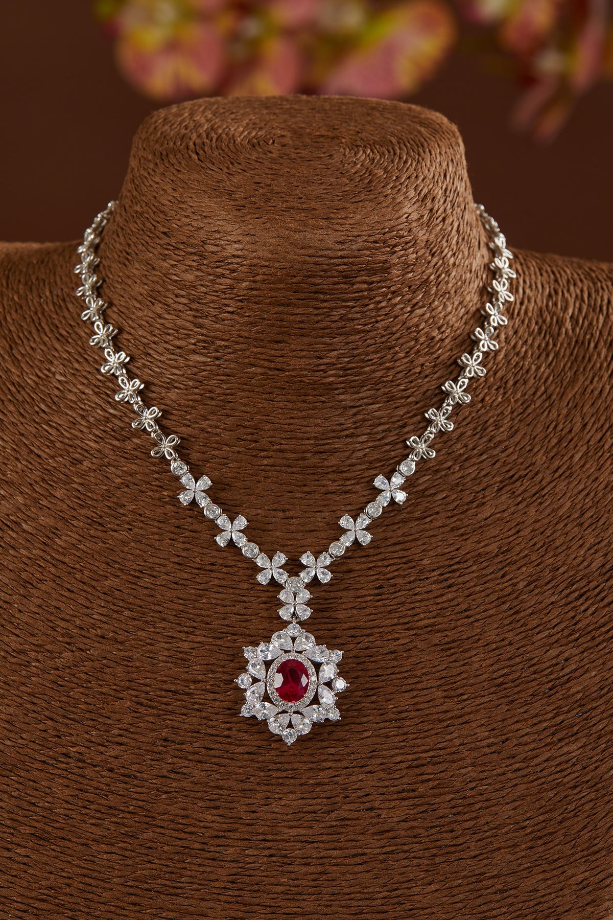 White Finish Zircon & Synthetic Ruby Necklace In Sterling Silver