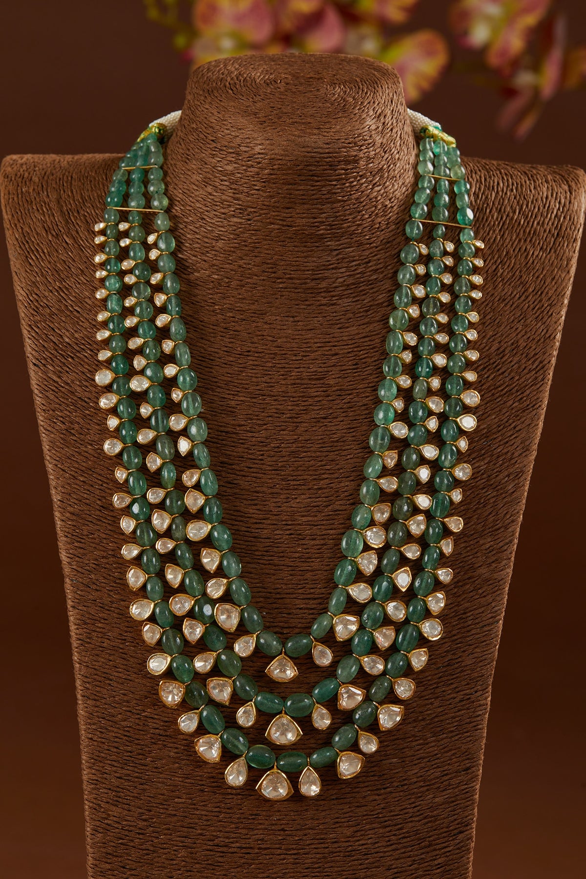 Gold Finish Moissanite Polki & Emerald Long Necklace In Sterling Silver