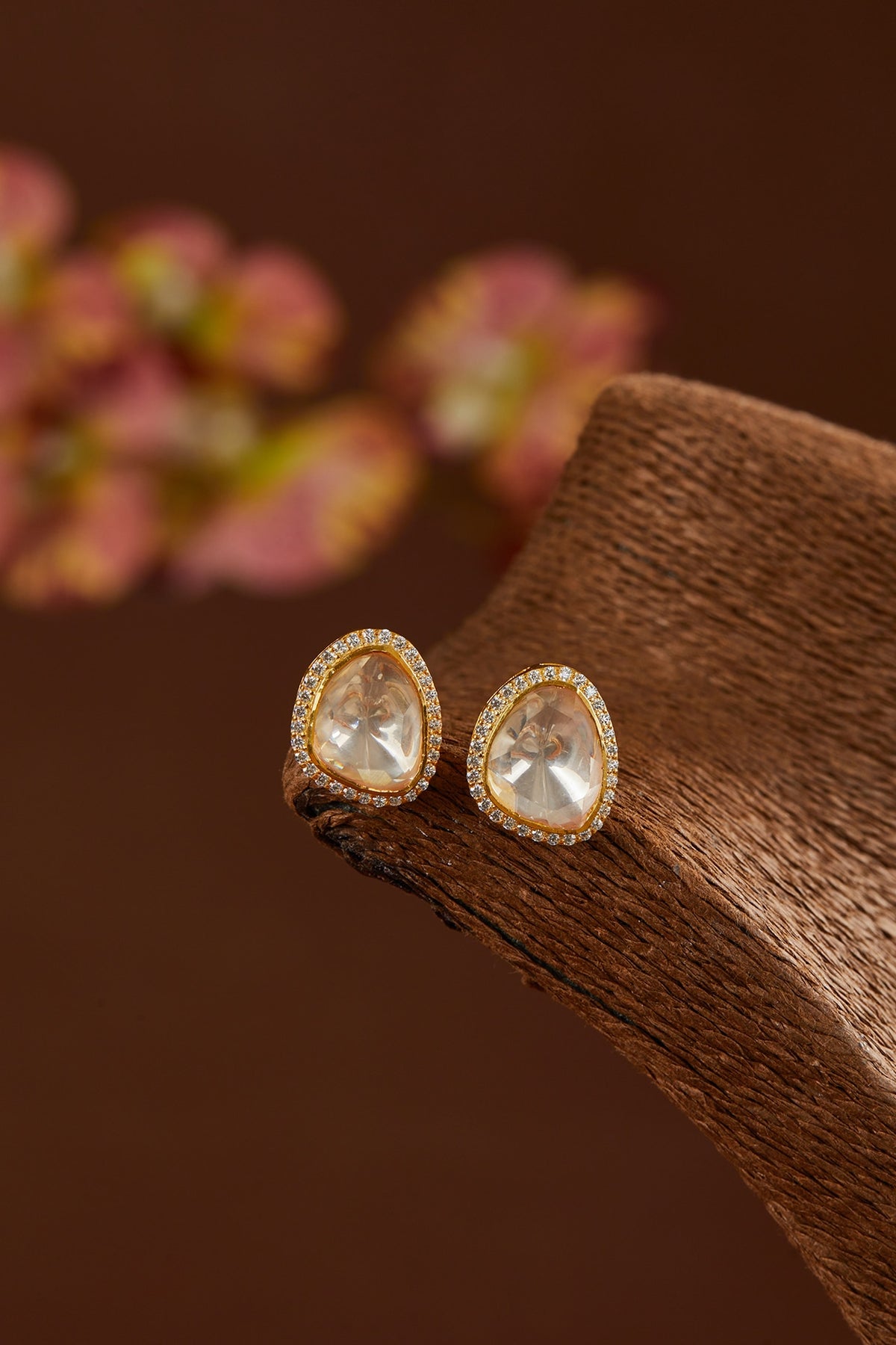 Gold Finish Moissanite Polki & CZ Stud Earrings In Sterling Silver