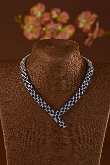 White Finish Zircon & Blue Sapphire Long Necklace In Sterling Silver