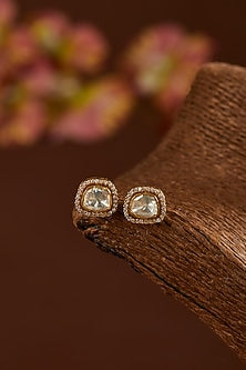 Gold Finish Moissanite Polki & CZ Stud Earrings In Sterling Silver