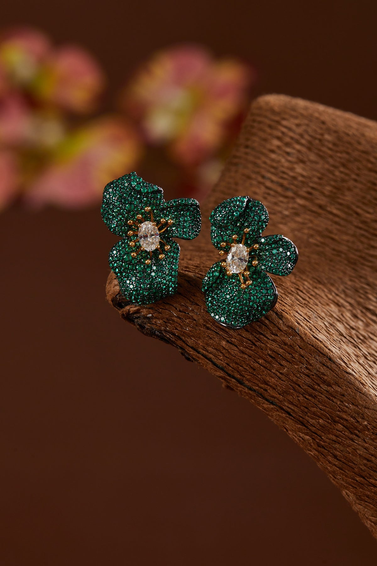 Black Rhodium Finish Zircon & Emerald Stone Stud Earrings In Sterling Silver