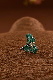 Black Rhodium Finish Zircon & Emerald Synthetic Stone Ring In Sterling Silver