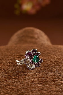 White Gold Finish Zircon & Synthetic Emerald Stone Ring In Sterling Silver