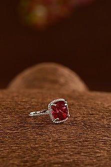 White Gold Finish Zircon & Synthetic Ruby Stone Ring In Sterling Silver