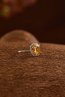 White Gold Finish Zircon & Yellow Topaz Stone Ring In Sterling Silver