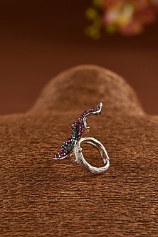 Black Rhodium Finish Zircon & Synthetic Ruby Stone Ring In Sterling Silver