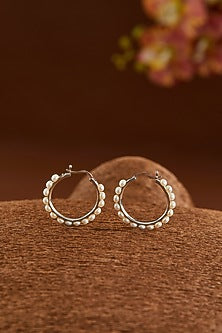 White Gold Finish Zircon & Pearl Hoop Earrings In Sterling Silver