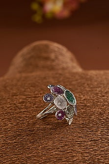 White Gold Finish Zircon & Synthetic Sapphire Stone Ring In Sterling Silver