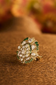 Yellow Gold Finish Moissanite Polki & Glass-Filled Emerald Stone Adjustable Ring In Sterling Silver