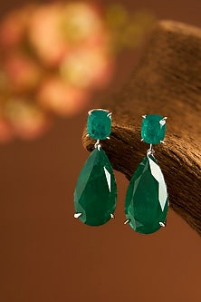 White Gold Finish Eurostar Zircon & Glass-Filled Emerald Necklace Set In Sterling Silver