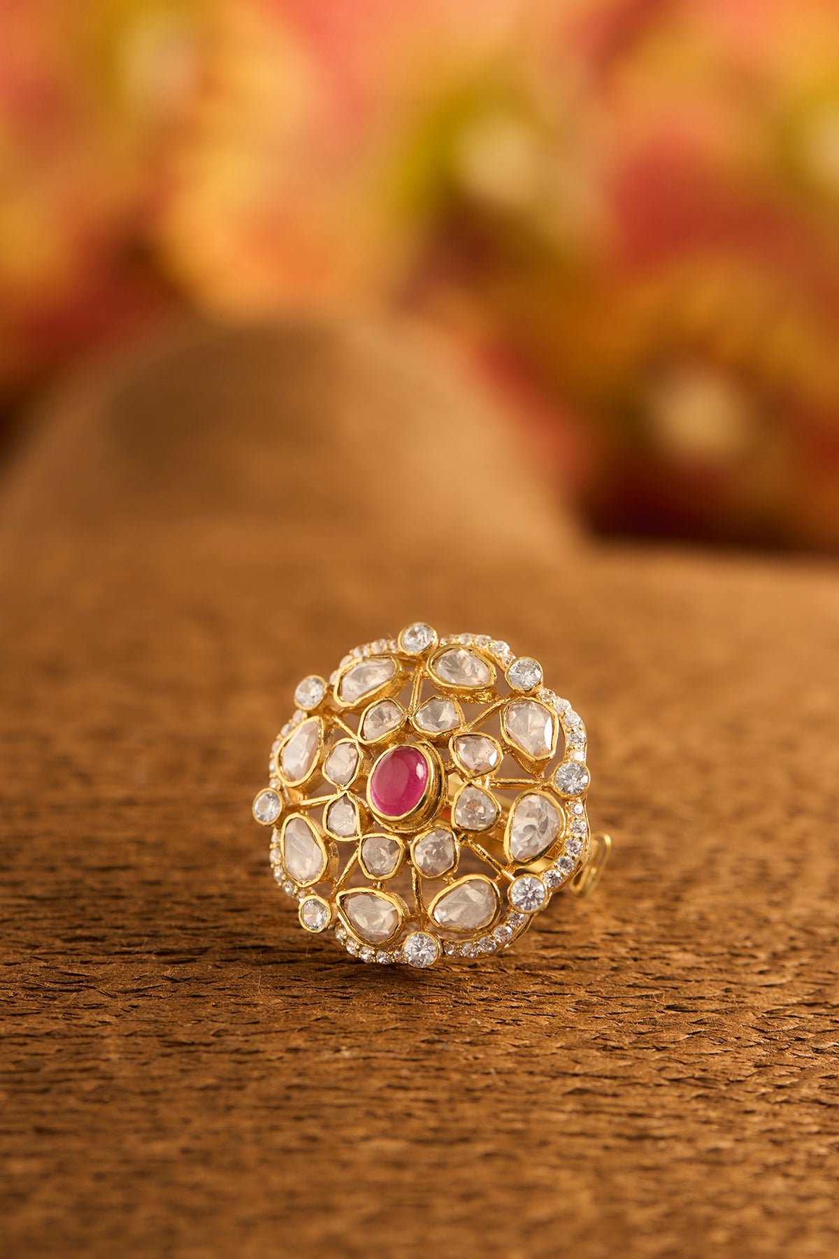 Yellow Gold Finish Eurostar Zircon & Glass-Filled Ruby Ring In Sterling Silver