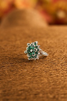 White Gold Finish Eurostar Zircon & Glass-Filled Emerald Ring In Sterling Silver