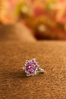 White Gold Finish Eurostar Zircon & Glass-Filled Ruby Ring In Sterling Silver