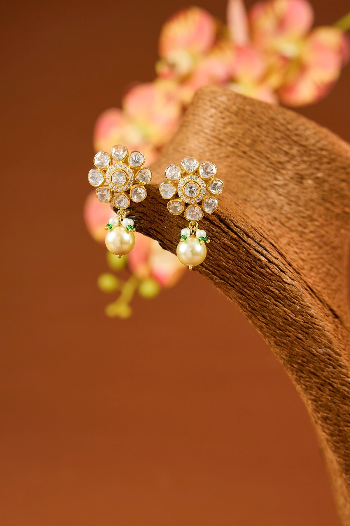 Yellow Gold Finish Moissanite Polki & Emerald Long Necklace In Sterling Silver