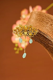 Yellow Gold Finish Moissanite Polki & Emerald Pendant Cum Brooch In Sterling Silver