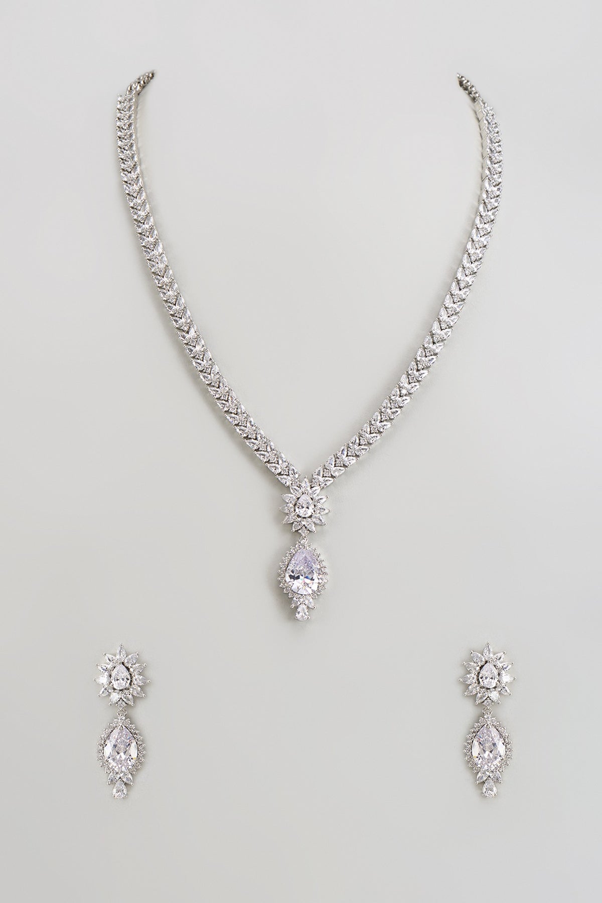 White Finish Zircon Long Necklace Set