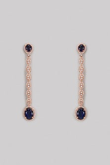 Rose Gold Finish Zircon & Blue Stone Long Earrings