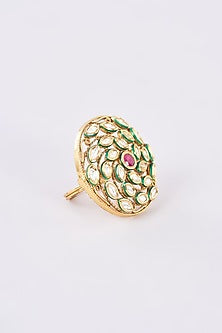 Gold Finish Kundan Polki & Red Stone Ring