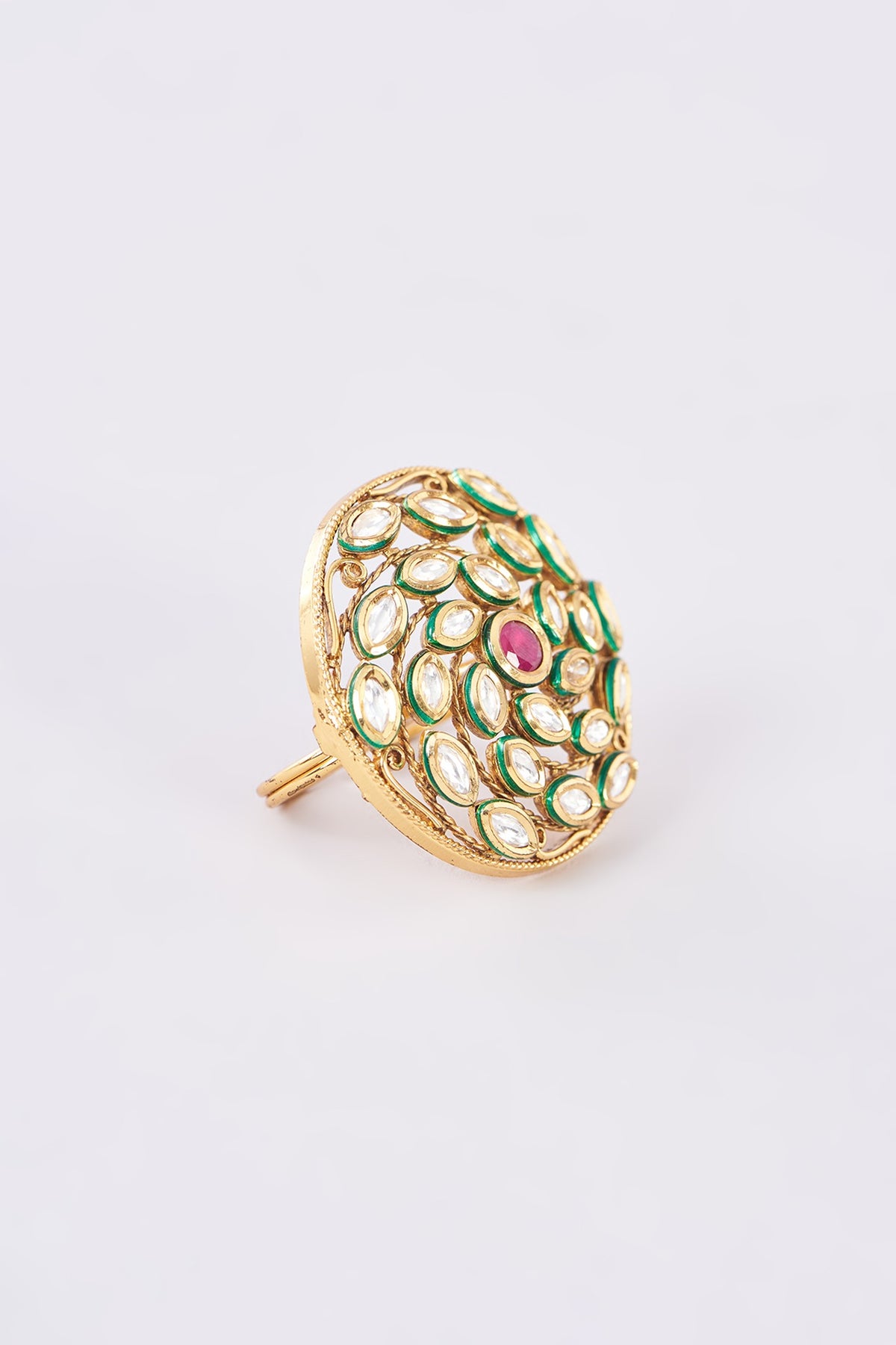 Gold Finish Kundan Polki & Red Stone Ring