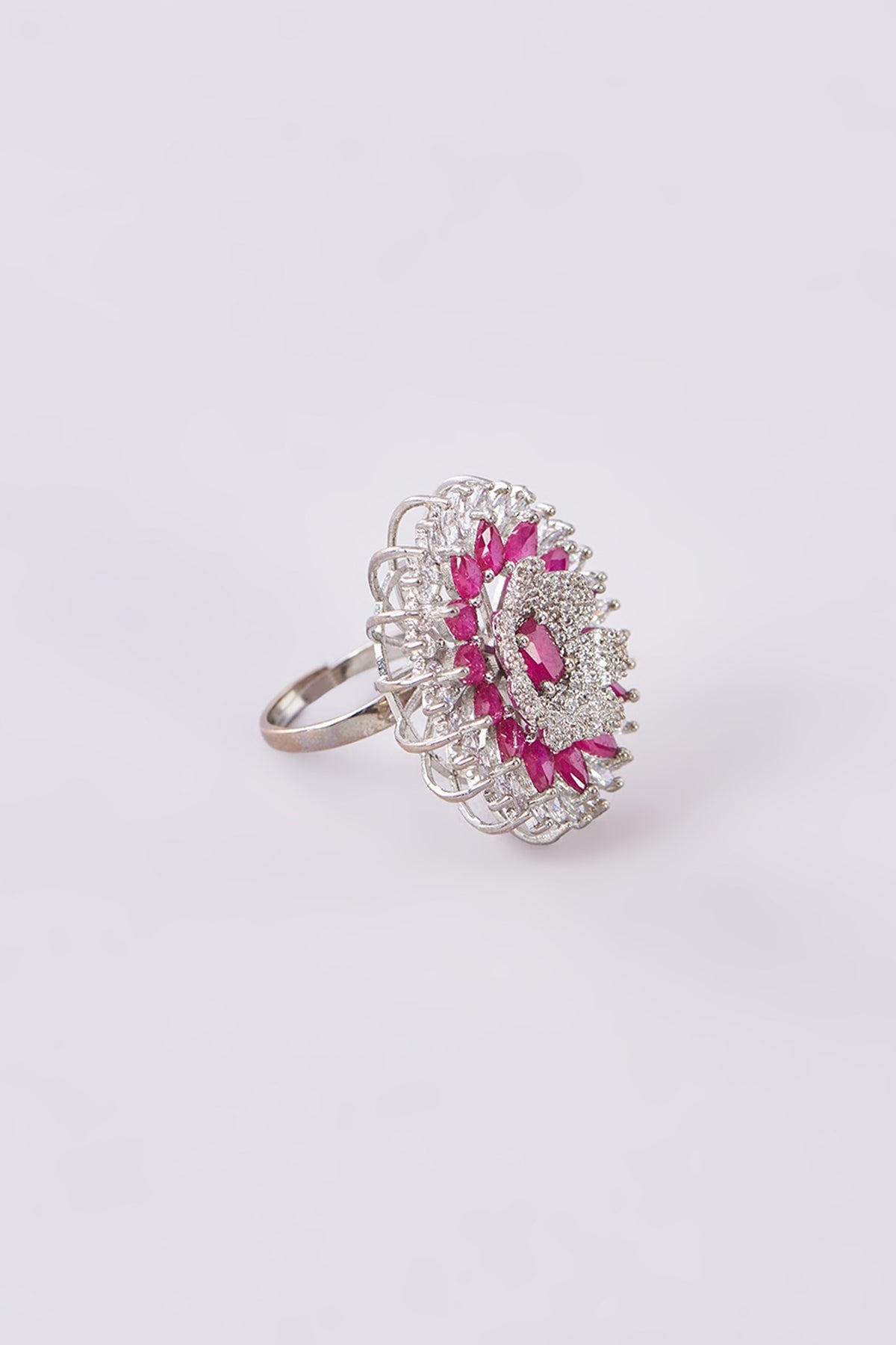 White Finish Zircon & Pink Stone Ring