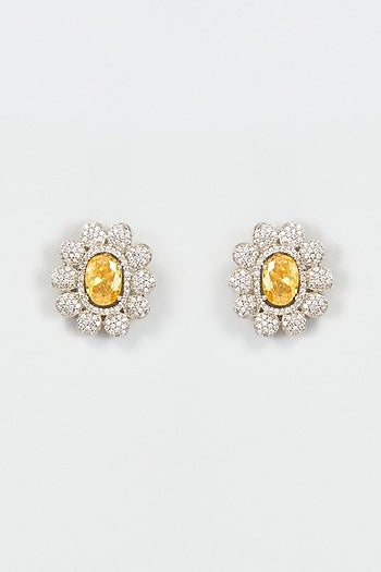White Finish Zircon & Yellow Stone Stud Earrings